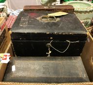 A box of various leather covered and lacquered boxes including a George III deed box by "J.