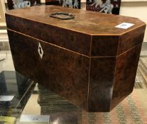 An early 19th Century burr yew lidded box with fabric covered interior (formerly tea caddy)