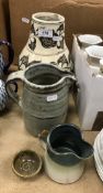 Two various studio pottery jugs and a small dish,