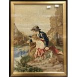 A 19th Century needlework tapestry panel of a young boy and girl fishing,