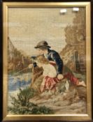A 19th Century needlework tapestry panel of a young boy and girl fishing,
