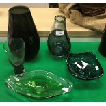 A collection of 20th Century studio glassware including Holmgaard wine glass, Holmgaard type vase,