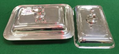 A modern silver rectangular tureen and cover together with a spare cover both with handles (by