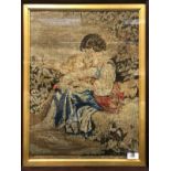 A 19th Century needlework tapestry panel depicting a mother and child in landscape and indistinctly