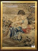 A 19th Century needlework tapestry panel depicting a mother and child in landscape and indistinctly