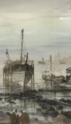 TAHA EL GAMAL "Fishing Boats on Shoreline with Figures in Foreground", watercolour,