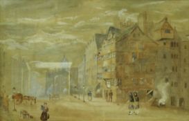 19TH CENTURY BRITISH SCHOOL "Town scene with townsfolk and kilted guards to the foreground",