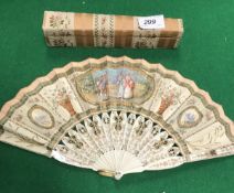 A 19th Century French fan with carved and painted ivory sticks,