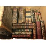 Two boxes of various tooled and gilded leather-bound mainly antiquarian books,