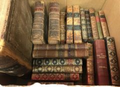 Two boxes of various tooled and gilded leather-bound mainly antiquarian books,