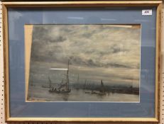 A R "Estuary landscape with fishing barges in foreground" oil on canvas,