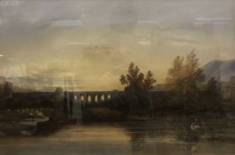 19TH CENTURY ENGLISH SCHOOL "River Landscape with Viaduct in Background, a Stork in Foreground",