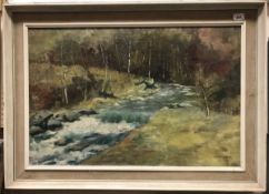 SUSAN BISHOP "Wooded landscape with stream" oil on canvas signed lower right