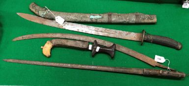 A 19th Century oriental sword with slightly curved fullered blade and half hilt and strap work