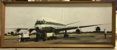 JOHN ELWELL "Jack Mallax DC8 at Salisbury Airport Rhodesia 1975" oil on board signed and dated 1978