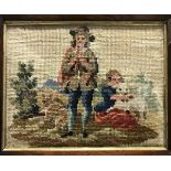 A Victorian needlework panel depicting a couple with two dogs, housed in a rosewood veneered frame,