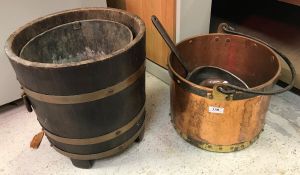A studded brass banded beaten copper bucket, copper saucepan with iron handle,