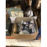 Two boxes of sundry decorative items to include brass Mary box,