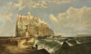 19TH CENTURY CONTINENTAL SCHOOL "A Coastal Scene Depicting Boats on Choppy Seas and Figures on a