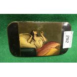 A 19th Century Spanish lacquered cigar case decorated with woman in bed smoking and another seated