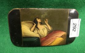 A 19th Century Spanish lacquered cigar case decorated with woman in bed smoking and another seated