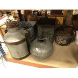 A milk churn, graduated set of three galvanised waste paper bins and a riveted galvanised water pot,