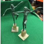 Two Art Deco verdigris painted spelter figures of dancers on onyx bases