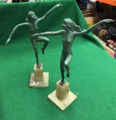 Two Art Deco verdigris painted spelter figures of dancers on onyx bases