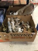 Two boxes of various plated wares including candelabra, tea set,