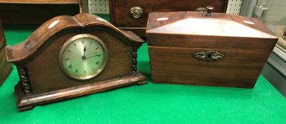 A 19th Century mahogany and satinwood strung tea caddy of sarcophagus form and an early 20th