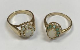 A 9ct gold mounted opal cluster ring size O and a 9ct gold mounted opal and green stone cluster