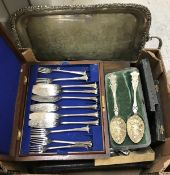 A box containing a quantity of various plated wares including canteen of cutlery,