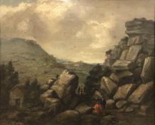 19TH CENTURY ENGLISH SCHOOL "Rural Landscape", depicting figures next to a rock formation,