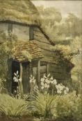 SIDNEY CURRIE "Lilies in a Cottage Garden", watercolour, signed lower left, image size approx 36.
