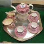 A Spode Copeland primose pattern transfer decorated tea set with teapot,