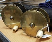 Two brass salmon fly reels by C.