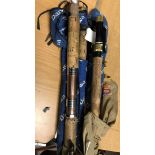 Two Diawa three piece fly rods and two similar rods,