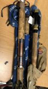 Two Diawa three piece fly rods and two similar rods,