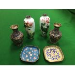 A pair of Cloisonne vases with floral decoration together with two further Cloisonne vases and two