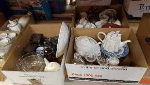 Three boxes of various china and glassware to include a pair of Stuart Millennium wine glasses,