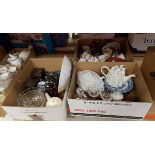 Three boxes of various china and glassware to include a pair of Stuart Millennium wine glasses,