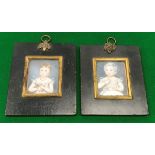 Two 19th Century miniatures on ivory each depicting a child in white robes with blue ribbons and