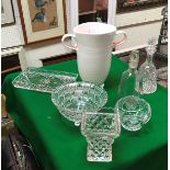 A box of various china and glass ware including decanters, shoe rack, cushions, box of lamps,
