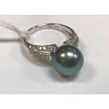 An eighteen carat white gold and diamond set ring with large central Tahitian pearl