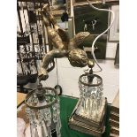 A gilded cherub hanging electrolier with glass lustre drops