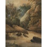 19TH CENTURY ENGLISH SCHOOL "Figures Fishing in a gorge by Waterfall",