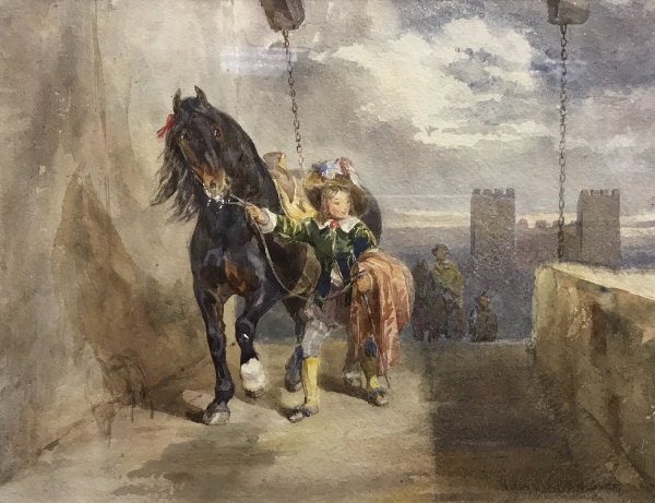 M JOHN FREDERICK TAYLOR (1802-1889) "Young man leading horse with further figures and castle gate