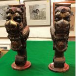 Two 19th Century Chinese carved wood gilded and painted brackets as four toed dragons on scroll