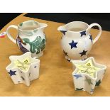 Two Emma Bridgewater cream jugs and two candles, two Emma Bridgewater toast and marmalade plates,