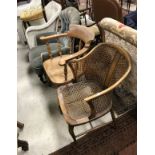 A Victorian button back tub chair with blue velvet upholstery,